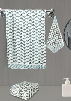 White 6 Pieces Block Printed 210 Gsm Waffle Cotton Soft And Absorbent Towel Set