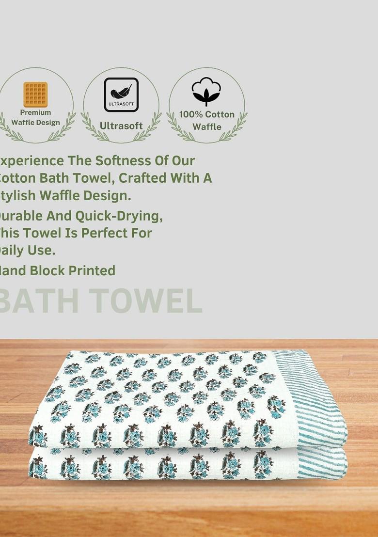 White 6 Pieces Block Printed 210 Gsm Waffle Cotton Soft And Absorbent Towel Set