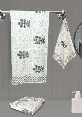 Green 3 Pieces Block Printed 210 Gsm Waffle Cotton Soft And Absorbent Towel Set