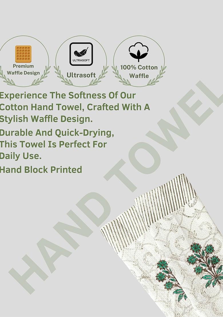 Green 3 Pieces Block Printed 210 Gsm Waffle Cotton Soft And Absorbent Towel Set