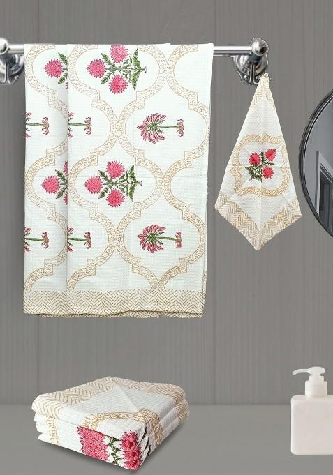 Pink 6 Pieces Block Printed 210 Gsm Waffle Cotton Soft And Absorbent Towel Set