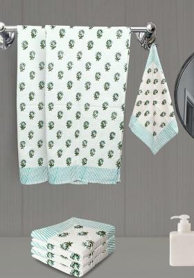 Green 6 Pieces Block Printed 210 Gsm Waffle Cotton Soft And Absorbent Towel Set
