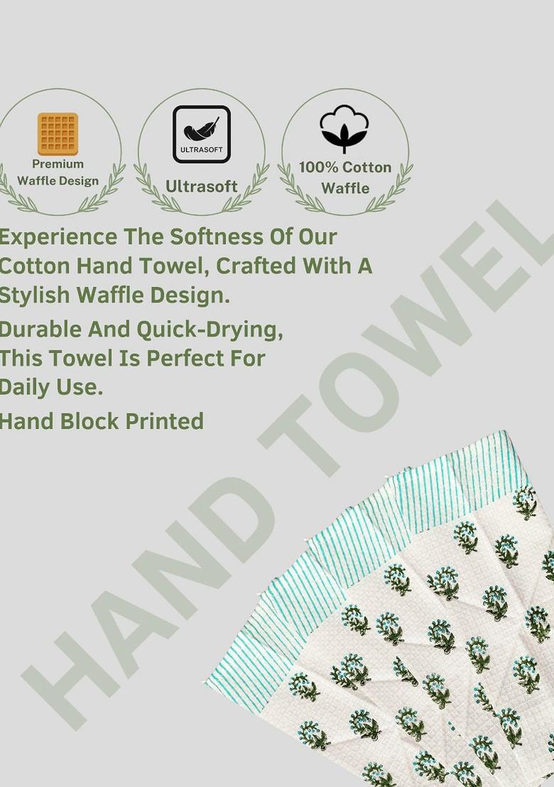Green 6 Pieces Block Printed 210 Gsm Waffle Cotton Soft And Absorbent Towel Set