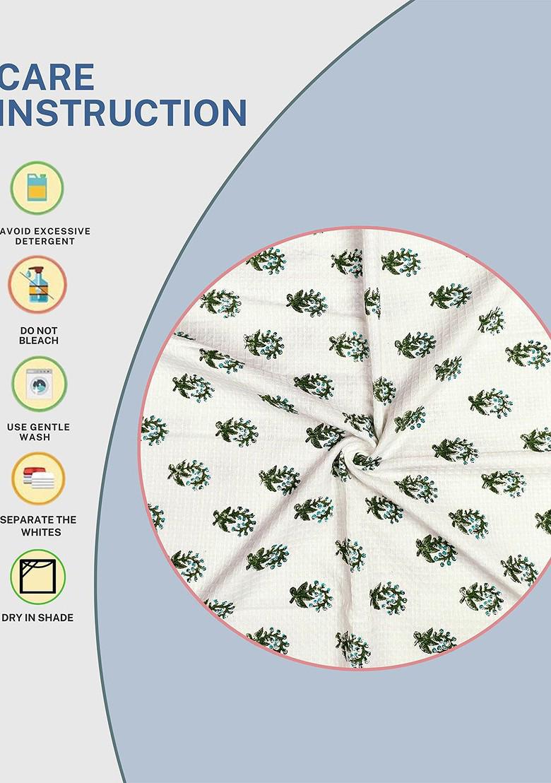 Green 3 Pieces Block Printed 210 Gsm Waffle Cotton Soft And Absorbent Towel Set