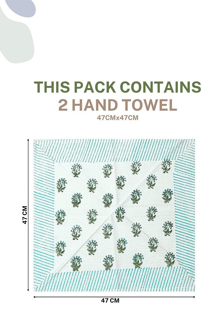 Green 3 Pieces Block Printed 210 Gsm Waffle Cotton Soft And Absorbent Towel Set