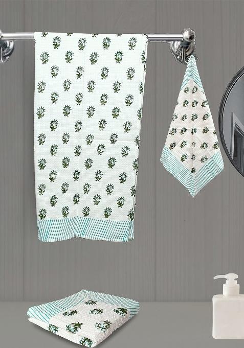 Green 3 Pieces Block Printed 210 Gsm Waffle Cotton Soft And Absorbent Towel Set