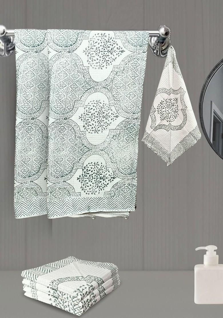 Green 6 Pieces Block Printed 210 Gsm Waffle Cotton Soft And Absorbent Towel Set