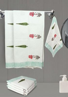 White 6 Pieces Block Printed 210 Gsm Waffle Cotton Soft And Absorbent Towel Set