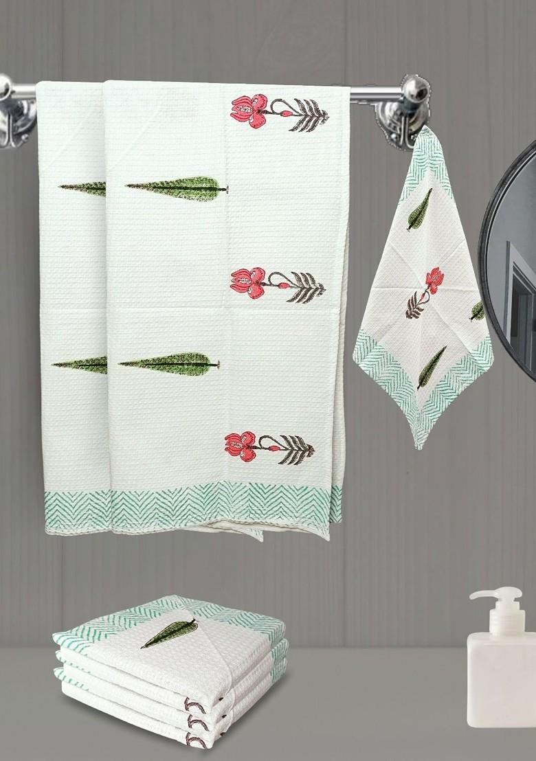 White 6 Pieces Block Printed 210 Gsm Waffle Cotton Soft And Absorbent Towel Set