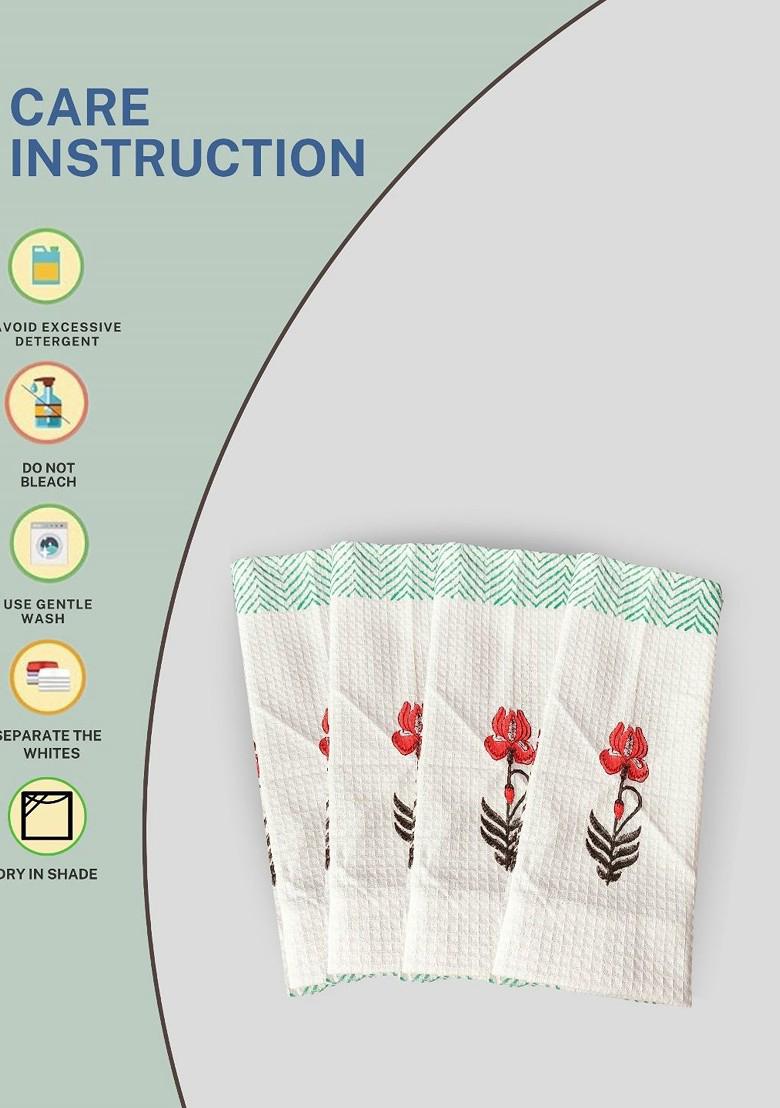 White 6 Pieces Block Printed 210 Gsm Waffle Cotton Soft And Absorbent Towel Set