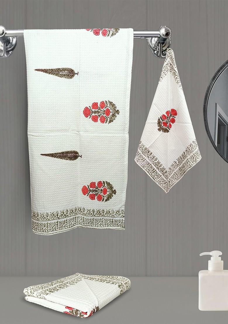 White 3 Pieces Block Printed 210 Gsm Waffle Cotton Soft And Absorbent Towel Set