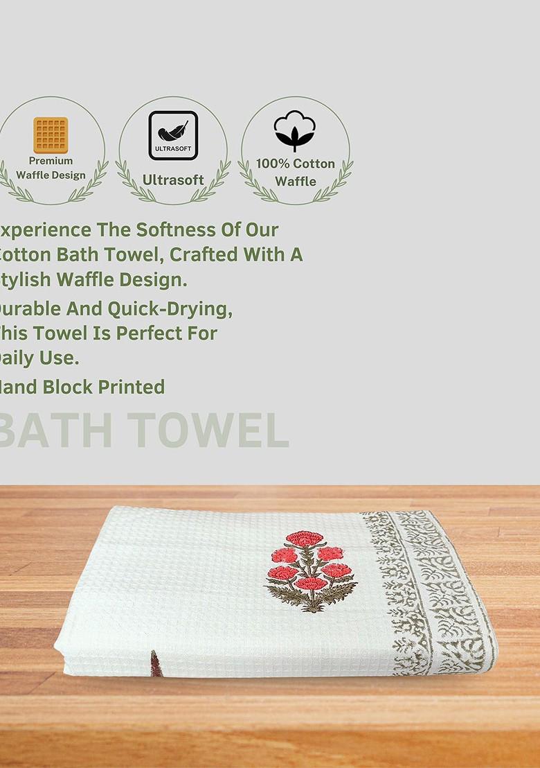 White 3 Pieces Block Printed 210 Gsm Waffle Cotton Soft And Absorbent Towel Set
