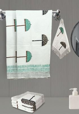 Green 6 Pieces Block Printed 210 Gsm Waffle Cotton Soft And Absorbent Towel Set