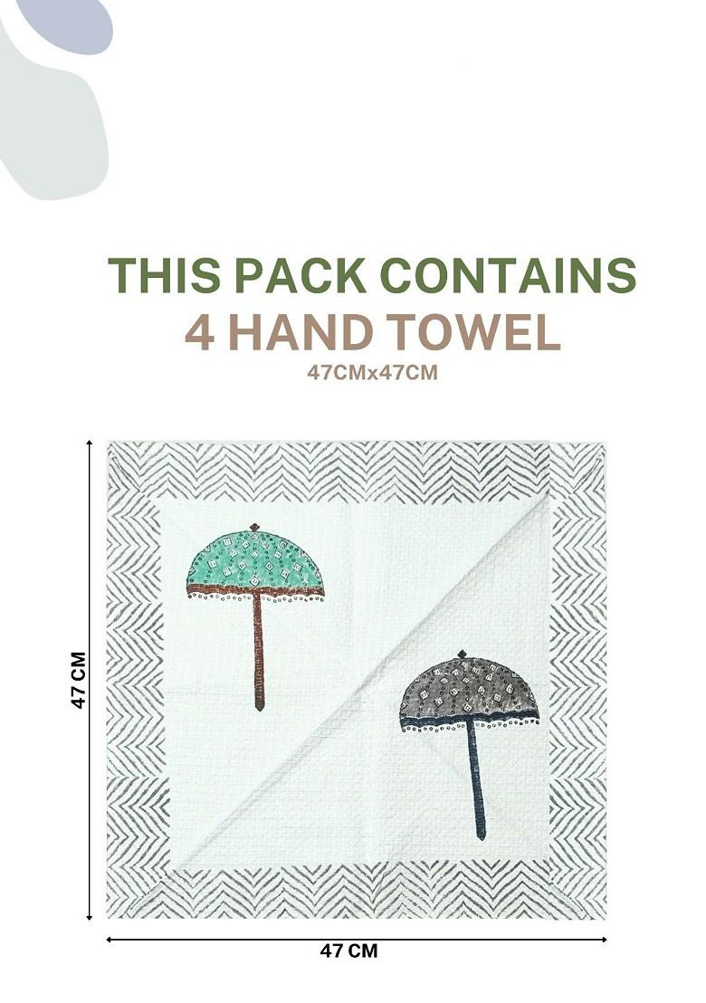 Green 6 Pieces Block Printed 210 Gsm Waffle Cotton Soft And Absorbent Towel Set