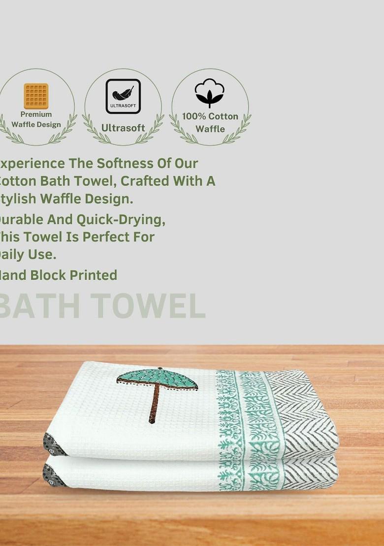 Green 6 Pieces Block Printed 210 Gsm Waffle Cotton Soft And Absorbent Towel Set