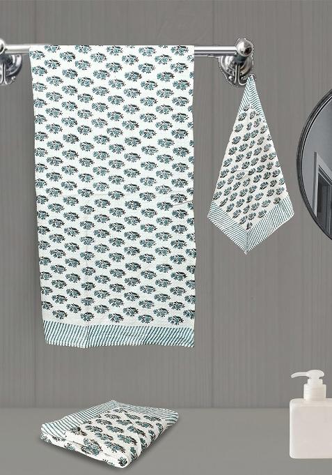 Blue 3 Pieces Block Printed 210 Gsm Waffle Cotton Soft And Absorbent Towel Set