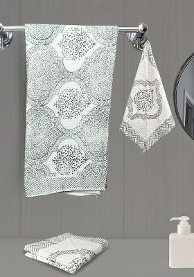 Green 3 Pieces Block Printed 210 Gsm Waffle Cotton Soft And Absorbent Towel Set