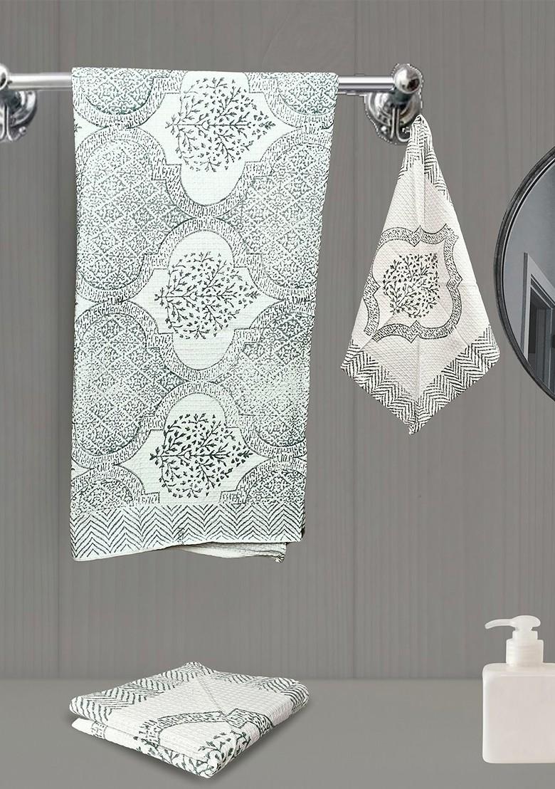 Green 3 Pieces Block Printed 210 Gsm Waffle Cotton Soft And Absorbent Towel Set