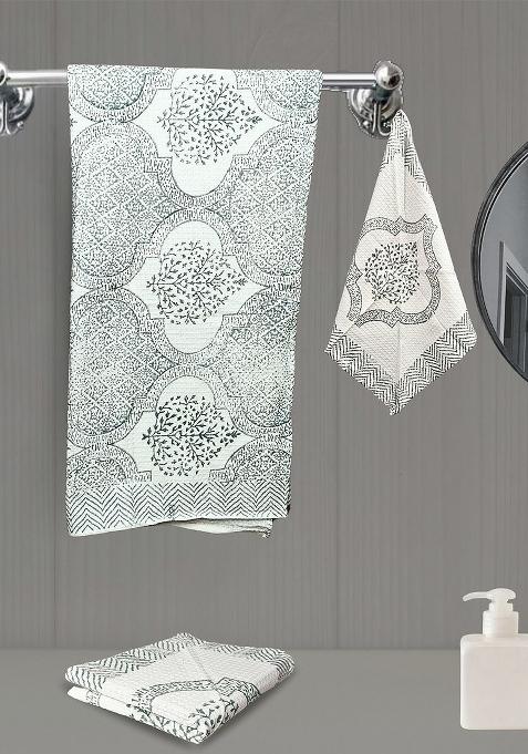 Green 3 Pieces Block Printed 210 Gsm Waffle Cotton Soft And Absorbent Towel Set