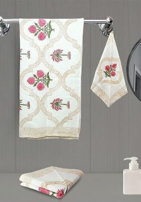Pink 3 Pieces Block Printed 210 Gsm Waffle Cotton Soft And Absorbent Towel Set