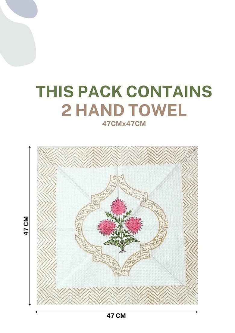 Pink 3 Pieces Block Printed 210 Gsm Waffle Cotton Soft And Absorbent Towel Set