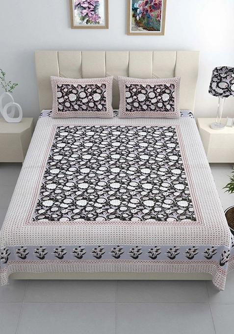Double King Size Jaipur Block Print Cotton Bedsheet With 2 Pillow Covers