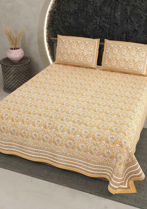 Double King Size Jaipur Block Print Cotton Bedsheet With 2 Pillow Covers