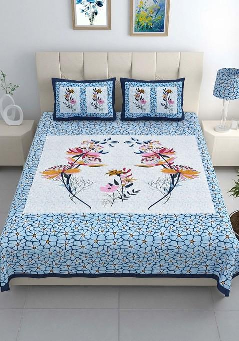 Double King Size Jaipur Block Print Cotton Bedsheet With 2 Pillow Covers