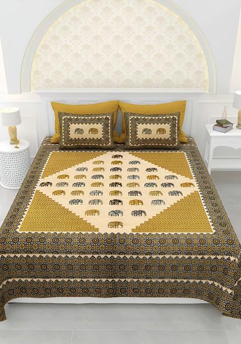 Super King Size Jaipur Block Print Cotton Double Bedsheet And 2 Pillow Covers