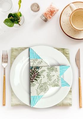 Blue And White 6 Pieces Floral Printed Cotton Table Napkins