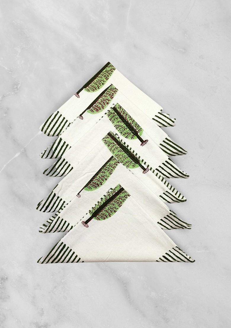 White And Green 6 Pieces Tropical Printed Cotton Table Napkins
