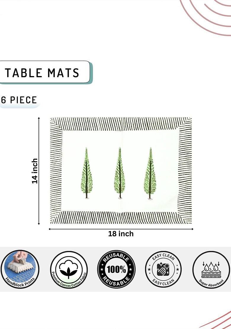 White And Green 6 Pieces Floral Printed Canvas Cotton Rectangle Table Placemats