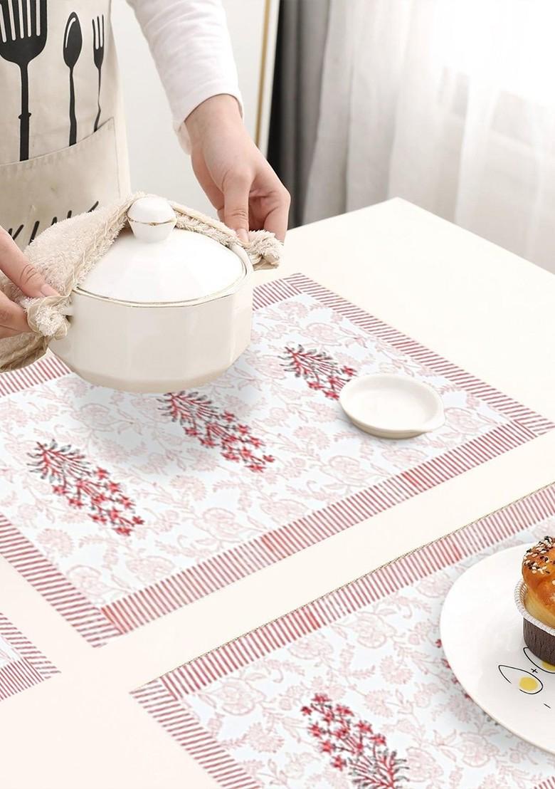 White And Red 6 Pieces Cotton Floral Printed Table Placemats