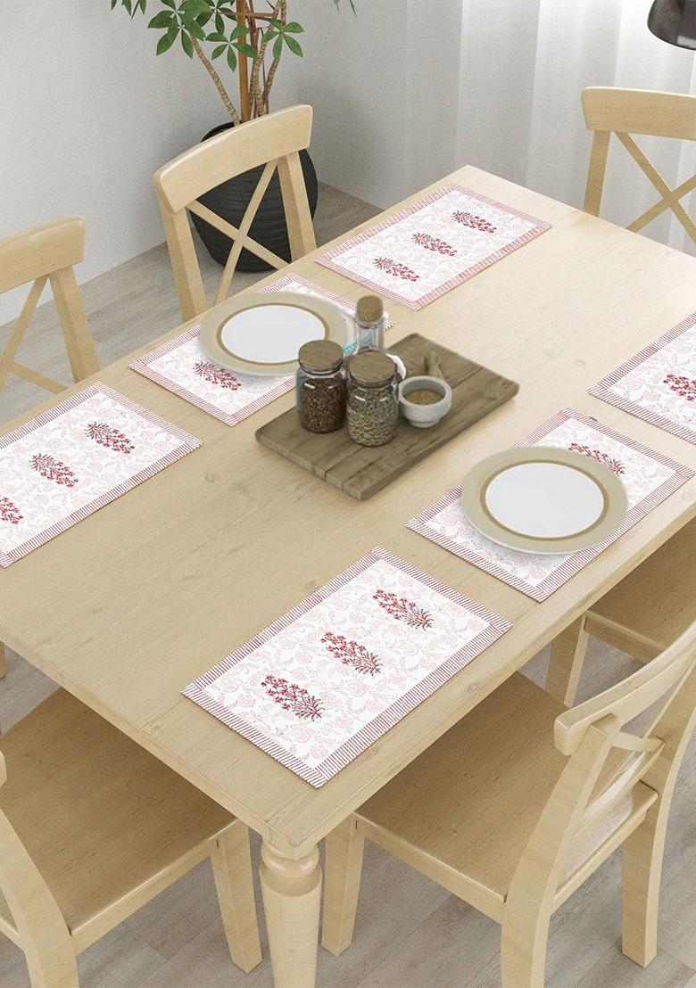 White And Red 6 Pieces Cotton Floral Printed Table Placemats