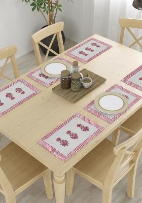 White And Pink 6 Pieces Cotton Floral Printed Table Placemats