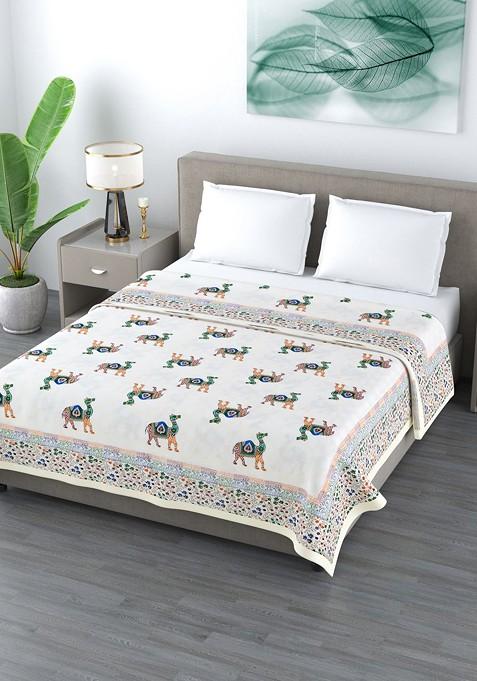 White And Blue Ethnic Motifs Ac Room 210 Gsm Double Bed Dohar