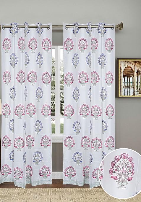 White And Pink 2 Pieces Floral Block Printed Elegant Cotton Door Curtains