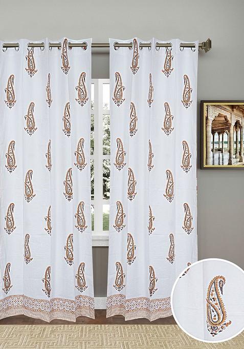 White 2 Pcs Ethnic Motifs Block Printed Elegant Cotton Daylight Door Curtains