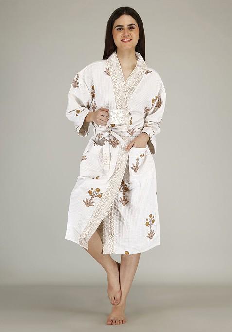 Unisex Luxury Jaipur Block Printed Premium Waffle Cotton; Quick Dry Bathrobe