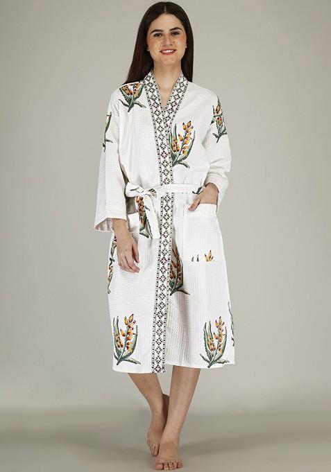 Unisex Luxury Jaipur Block Printed Premium Waffle Cotton; Quick Dry Bathrobe