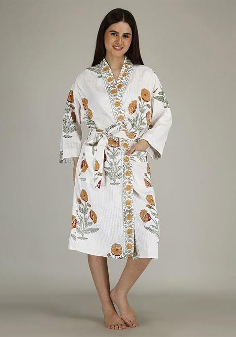 Unisex Luxury Jaipur Block Printed Premium Waffle Cotton; Quick Dry Bathrobe