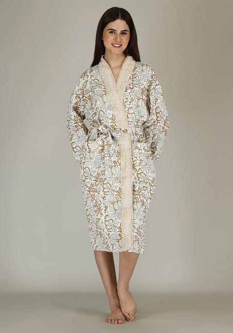 Unisex Luxury Jaipur Block Printed Premium Waffle Cotton; Quick Dry Bathrobe