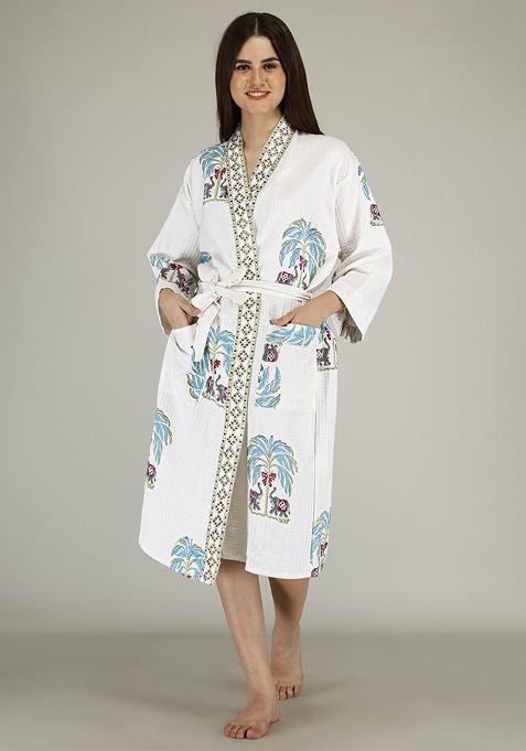 Unisex Luxury Jaipur Block Printed Premium Waffle Cotton; Quick Dry Bathrobe