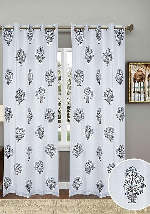 White And Blue 2 Pieces Floral Block Printed Elegant Cotton Door Curtains