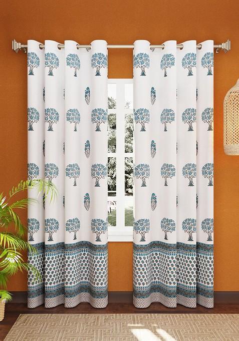 White 2 Pieces Ethnic Motifs Block Printed Elegant Pure Cotton Door Curtains