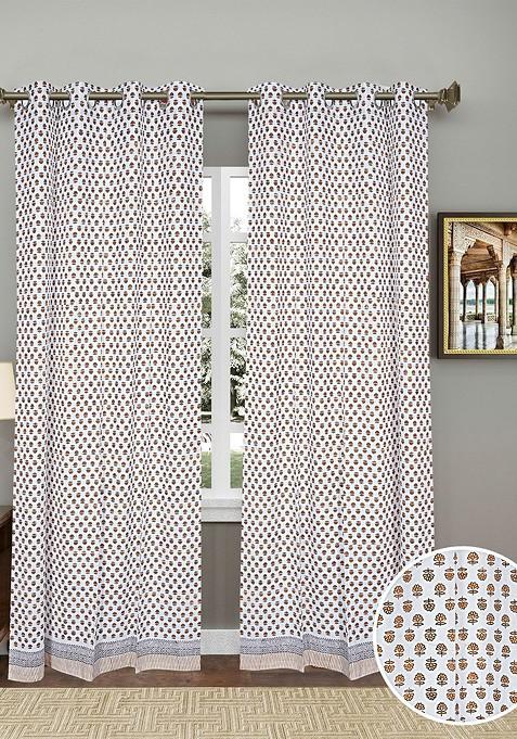 White 2 Pieces Floral Block Printed Elegant Cotton Door Curtains With Ring