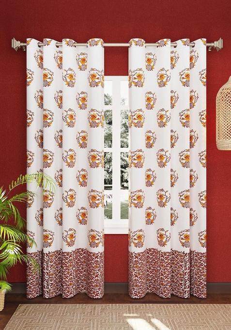 White 2 Pieces Block Printed Elegant Pure Cotton Door Curtains With Ring