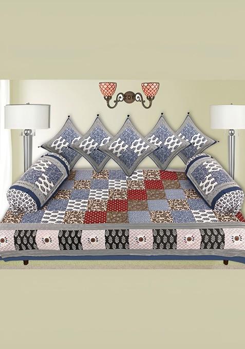 Grey And Red 8 Pieces Printed Pure Cotton Diwan Set