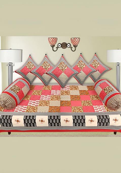 Pink And Green 8 Pieces Block Printed Pure Cotton Diwan Set