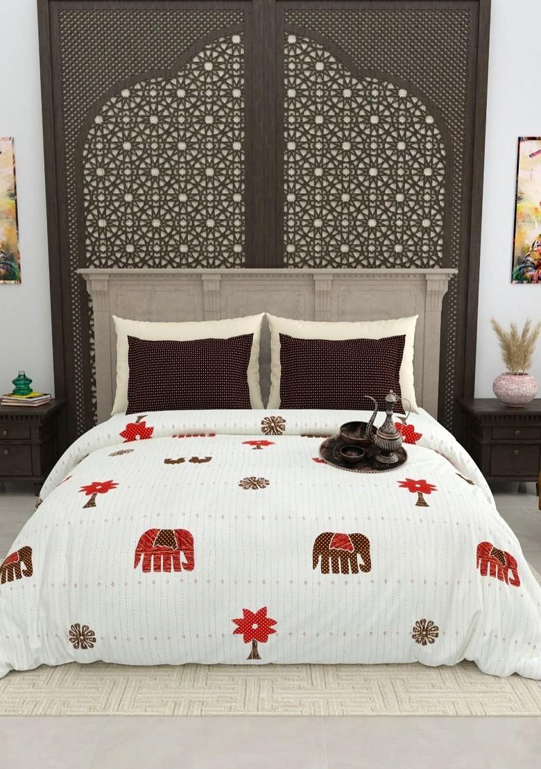 White And Red Ethnic Motifs 210 Tc King Bedsheet With 2 Pillow Covers